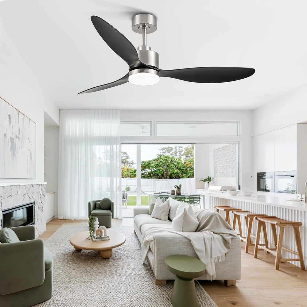 52-Inch Modern Ceiling Fan with Light, 3 ABS Blades, 18W LED with 3 Color Temperatures, Remote Control with 6 Speeds, Reverse Function, Timer, Quiet DC Motor, Includes 5" & 10" Downrods, Ideal for Dining, Bedroom, and Living Room