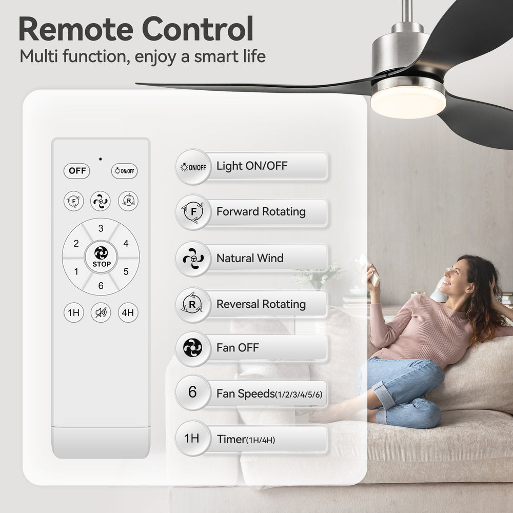 52-Inch Modern Ceiling Fan with Light, 3 ABS Blades, 18W LED with 3 Color Temperatures, Remote Control with 6 Speeds, Reverse Function, Timer, Quiet DC Motor, Includes 5" & 10" Downrods, Ideal for Dining, Bedroom, and Living Room