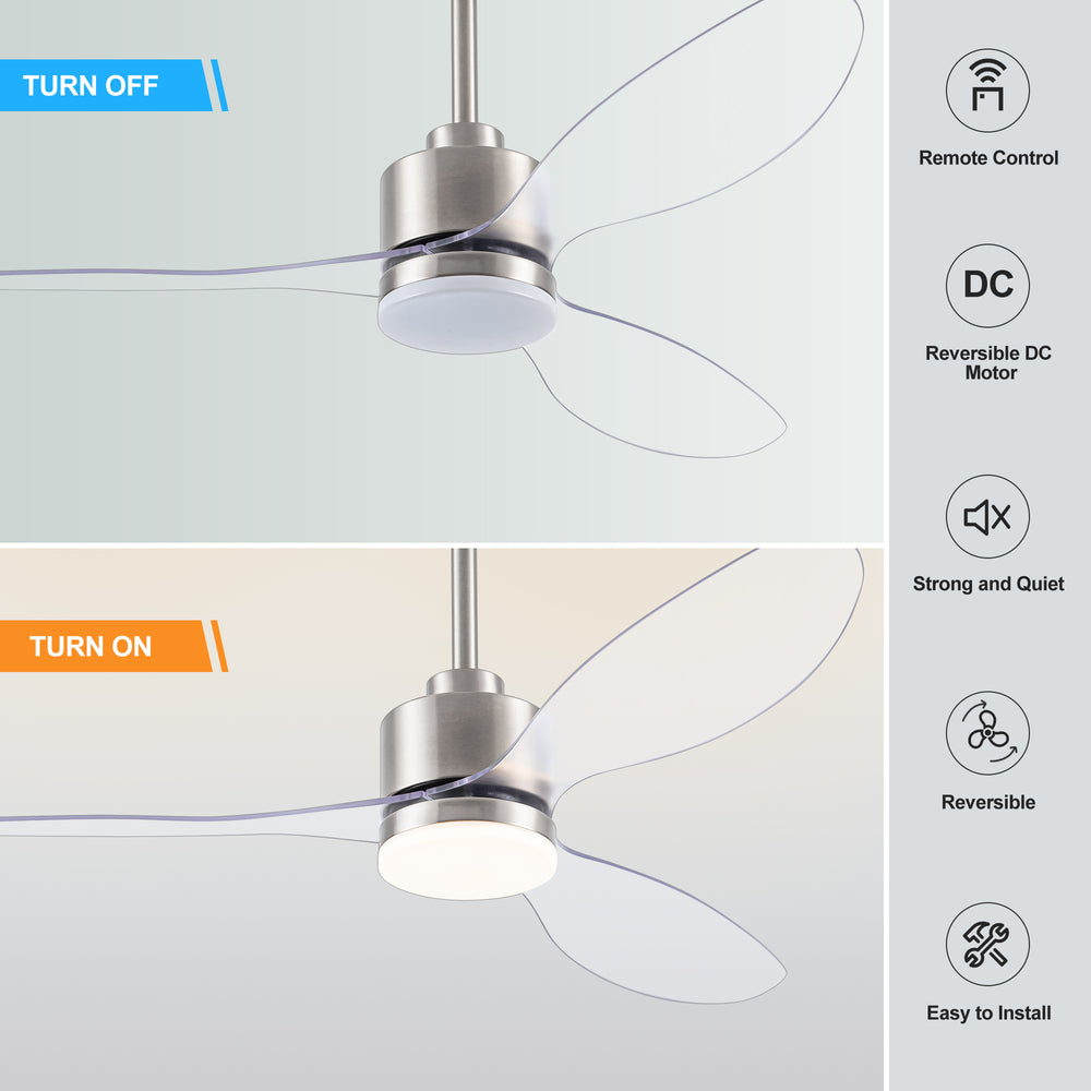 52-Inch Modern Ceiling Fan with Light, 3 ABS Blades, 18W LED with 3 Color Temperatures, Remote Control with 6 Speeds, Reverse Function, Timer, Quiet DC Motor, Includes 5" & 10" Downrods, Ideal for Dining, Bedroom, and Living Room