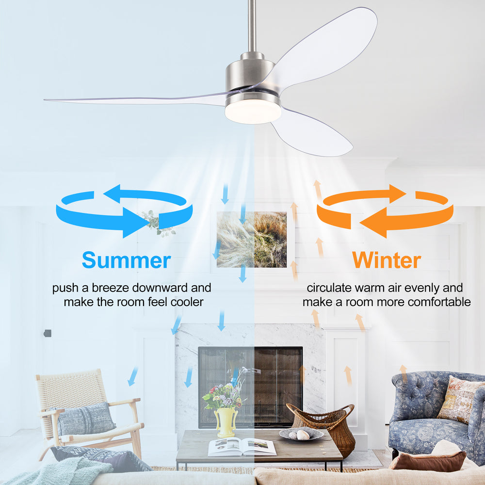 52-Inch Modern Ceiling Fan with Light, 3 ABS Blades, 18W LED with 3 Color Temperatures, Remote Control with 6 Speeds, Reverse Function, Timer, Quiet DC Motor, Includes 5" & 10" Downrods, Ideal for Dining, Bedroom, and Living Room