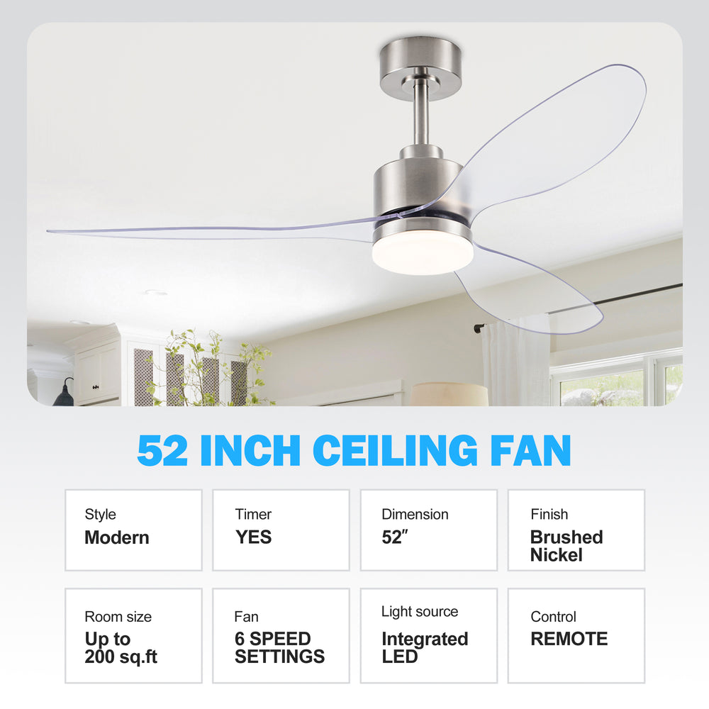 52-Inch Modern Ceiling Fan with Light, 3 ABS Blades, 18W LED with 3 Color Temperatures, Remote Control with 6 Speeds, Reverse Function, Timer, Quiet DC Motor, Includes 5" & 10" Downrods, Ideal for Dining, Bedroom, and Living Room