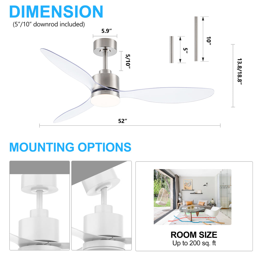 52-Inch Modern Ceiling Fan with Light, 3 ABS Blades, 18W LED with 3 Color Temperatures, Remote Control with 6 Speeds, Reverse Function, Timer, Quiet DC Motor, Includes 5" & 10" Downrods, Ideal for Dining, Bedroom, and Living Room
