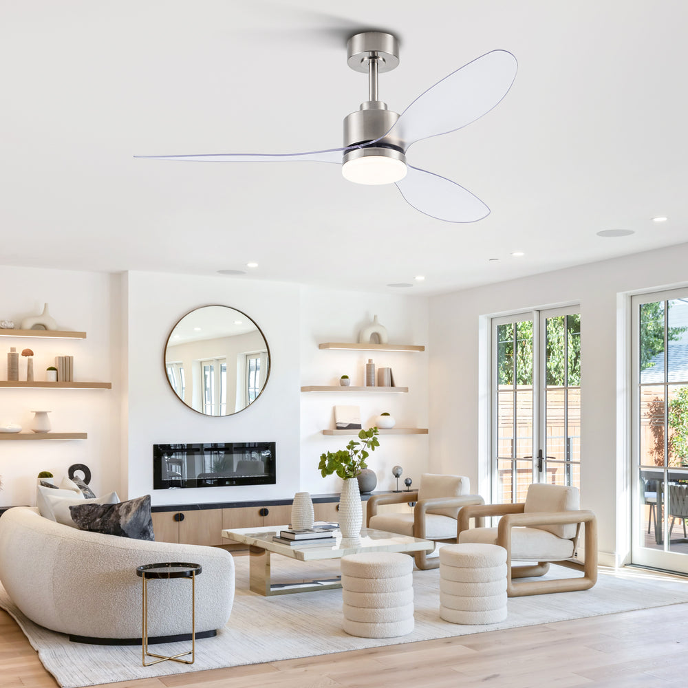 52-Inch Modern Ceiling Fan with Light, 3 ABS Blades, 18W LED with 3 Color Temperatures, Remote Control with 6 Speeds, Reverse Function, Timer, Quiet DC Motor, Includes 5" & 10" Downrods, Ideal for Dining, Bedroom, and Living Room
