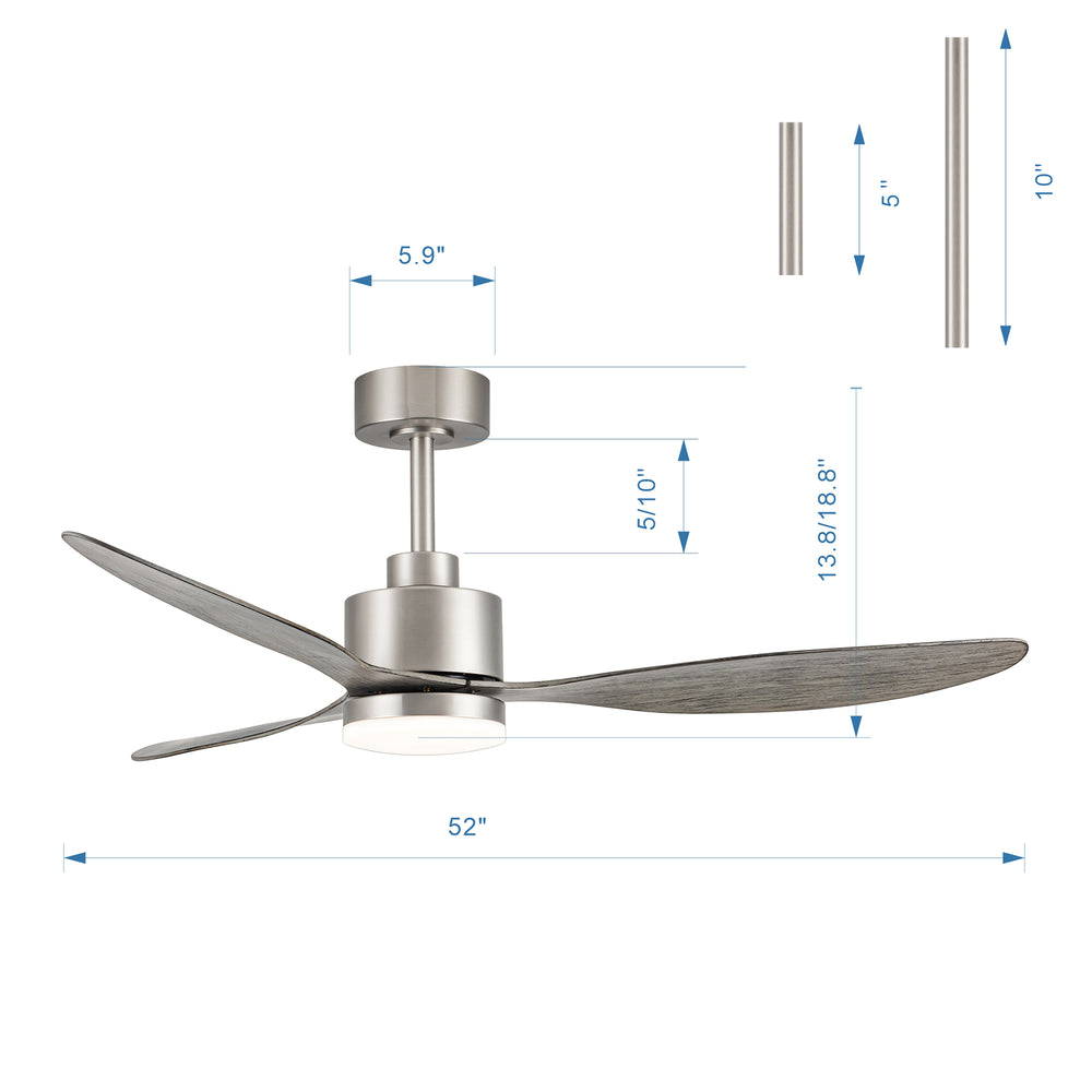 52-Inch Modern Ceiling Fan with Light, 3 ABS Blades, 18W LED with 3 Color Temperatures, Remote Control with 6 Speeds, Reverse Function, Timer, Quiet DC Motor, Includes 5" & 10" Downrods, Ideal for Dining, Bedroom, and Living Room