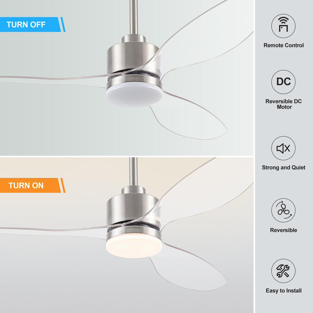 52-Inch Modern Ceiling Fan with Light, 3 ABS Blades, 18W LED with 3 Color Temperatures, Remote Control with 6 Speeds, Reverse Function, Timer, Quiet DC Motor, Includes 5" & 10" Downrods, Ideal for Dining, Bedroom, and Living Room