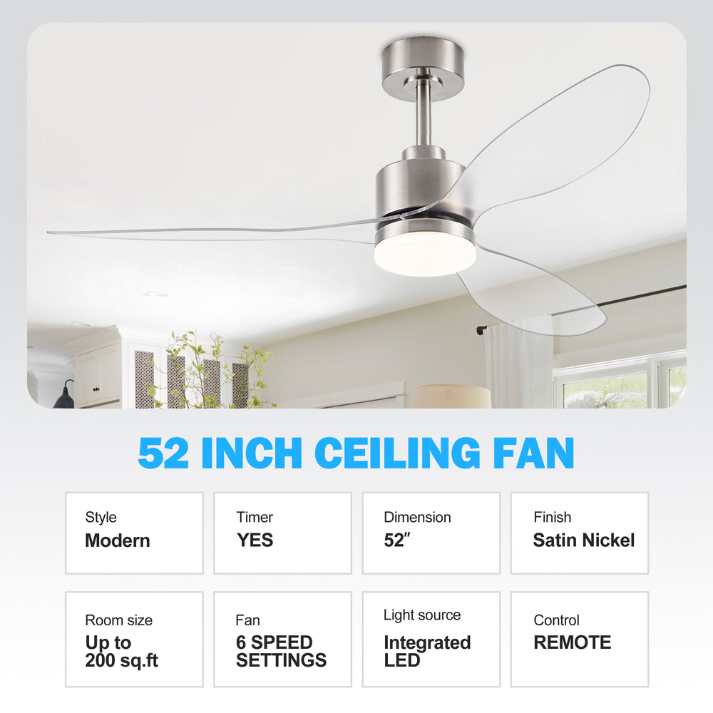 52-Inch Modern Ceiling Fan with Light, 3 ABS Blades, 18W LED with 3 Color Temperatures, Remote Control with 6 Speeds, Reverse Function, Timer, Quiet DC Motor, Includes 5" & 10" Downrods, Ideal for Dining, Bedroom, and Living Room
