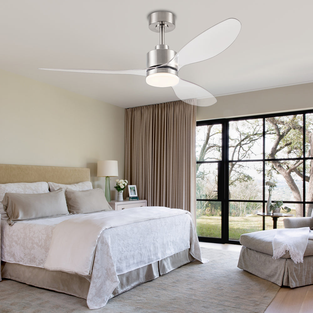 52-Inch Modern Ceiling Fan with Light, 3 ABS Blades, 18W LED with 3 Color Temperatures, Remote Control with 6 Speeds, Reverse Function, Timer, Quiet DC Motor, Includes 5" & 10" Downrods, Ideal for Dining, Bedroom, and Living Room