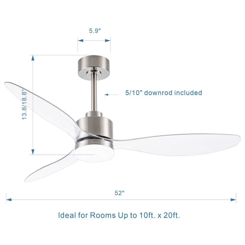 52-Inch Modern Ceiling Fan with Light, 3 ABS Blades, 18W LED with 3 Color Temperatures, Remote Control with 6 Speeds, Reverse Function, Timer, Quiet DC Motor, Includes 5" & 10" Downrods, Ideal for Dining, Bedroom, and Living Room