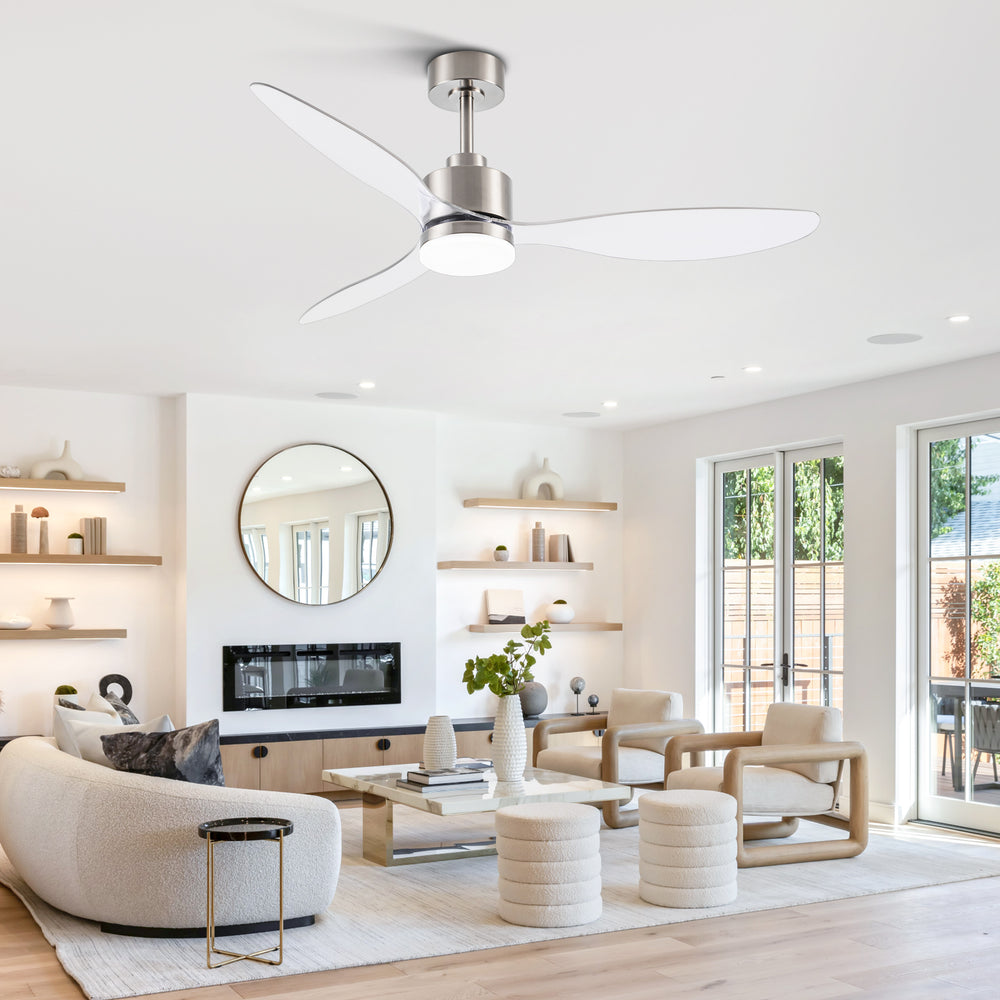 52-Inch Modern Ceiling Fan with Light, 3 ABS Blades, 18W LED with 3 Color Temperatures, Remote Control with 6 Speeds, Reverse Function, Timer, Quiet DC Motor, Includes 5" & 10" Downrods, Ideal for Dining, Bedroom, and Living Room