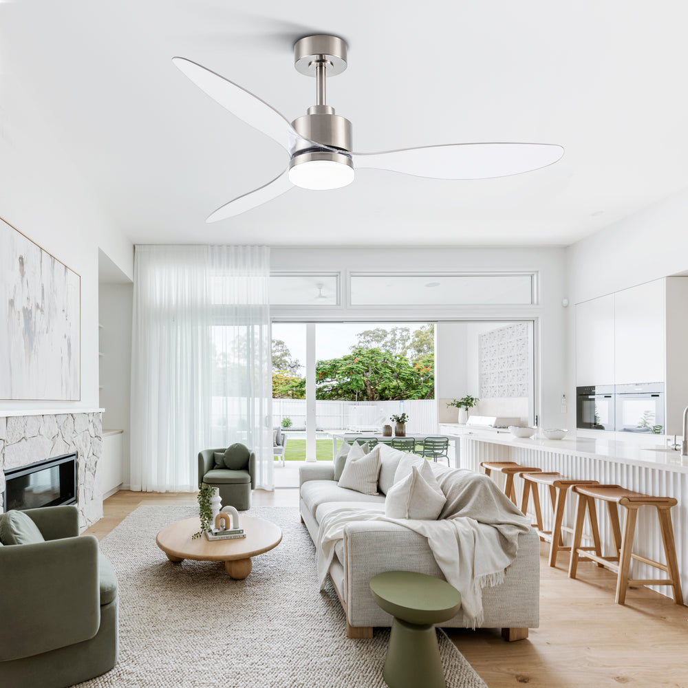 52-Inch Modern Ceiling Fan with Light, 3 ABS Blades, 18W LED with 3 Color Temperatures, Remote Control with 6 Speeds, Reverse Function, Timer, Quiet DC Motor, Includes 5" & 10" Downrods, Ideal for Dining, Bedroom, and Living Room