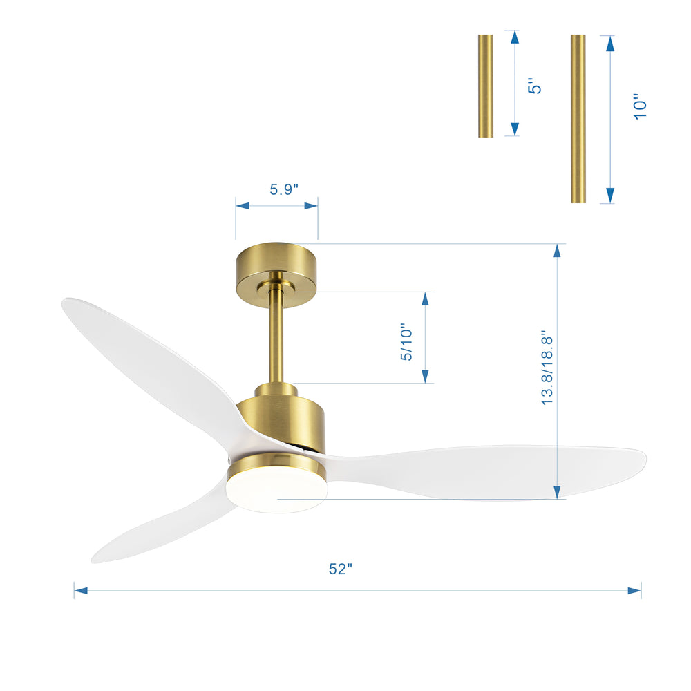 52-Inch Modern Ceiling Fan with Light, 3 ABS Blades, 18W LED with 3 Color Temperatures, Remote Control with 6 Speeds, Reverse Function, Timer, Quiet DC Motor, Includes 5" & 10" Downrods, Ideal for Dining, Bedroom, and Living Room