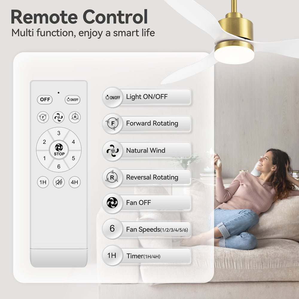 52-Inch Modern Ceiling Fan with Light, 3 ABS Blades, 18W LED with 3 Color Temperatures, Remote Control with 6 Speeds, Reverse Function, Timer, Quiet DC Motor, Includes 5" & 10" Downrods, Ideal for Dining, Bedroom, and Living Room