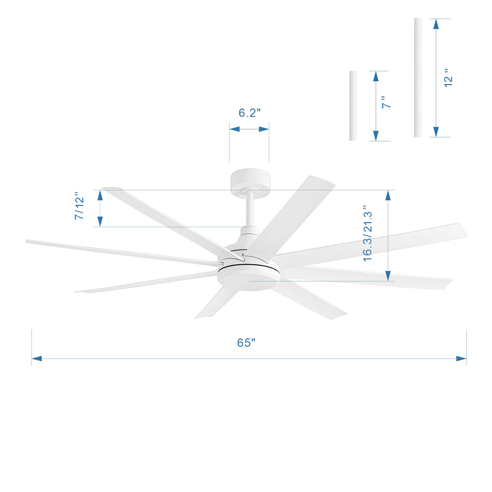 65-Inch Industrial Ceiling Fan, No Light with Remote, 8 ABS Blades, Quiet Reversible DC Motor, 6-Speed, Timer Function