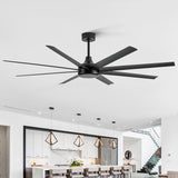 AeroSpan 72-inch large black 8-blade ceiling fan without light in a modern open-concept kitchen.