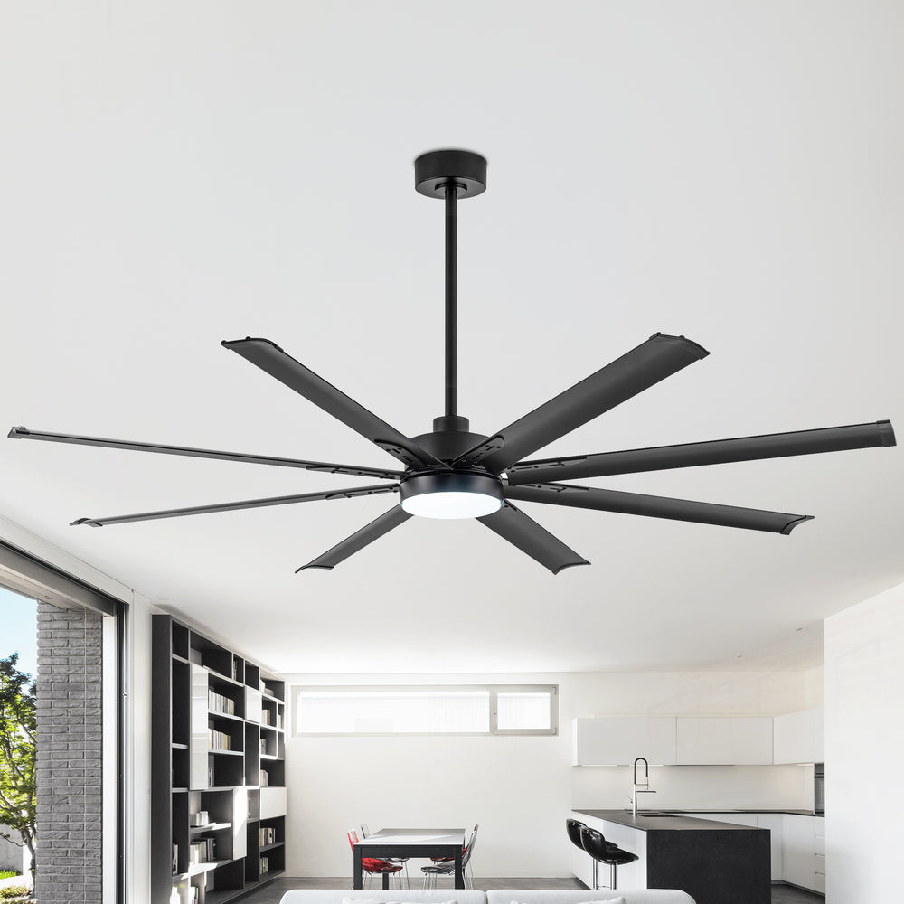 ALKAFY 72" Black Industrial Ceiling Fan with LED Light & Remote - 6-Speed Reversible DC Motor, 8 Blades for Indoor/Outdoor Use