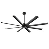 Angled product view of the 72-inch black 8-blade aluminum industrial ceiling fan without light on a white background