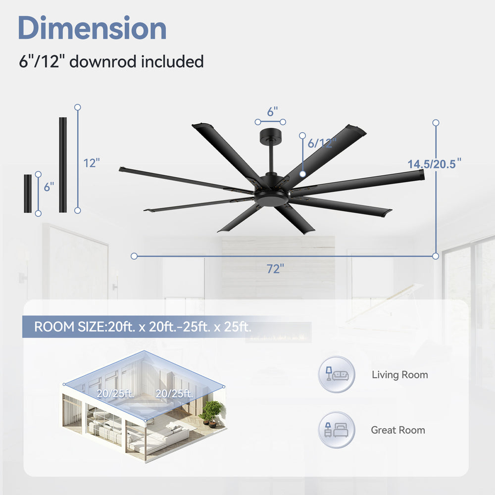 Breezary 72" 8-Blade Aluminum Industrial Ceiling Fan - Matte Black (No Light)