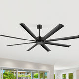 72-inch black 8-blade aluminum ceiling fan mounted on a white ceiling in a bright contemporary living room
