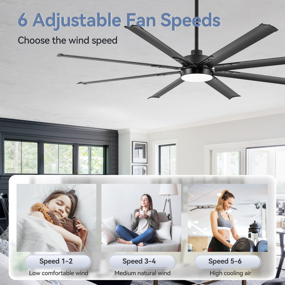ALKAFY 72" Black Industrial Ceiling Fan with LED Light & Remote - 6-Speed Reversible DC Motor, 8 Blades for Indoor/Outdoor Use