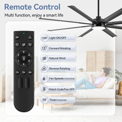 ALKAFY 72" Black Industrial Ceiling Fan with LED Light & Remote - 6-Speed Reversible DC Motor, 8 Blades for Indoor/Outdoor Use