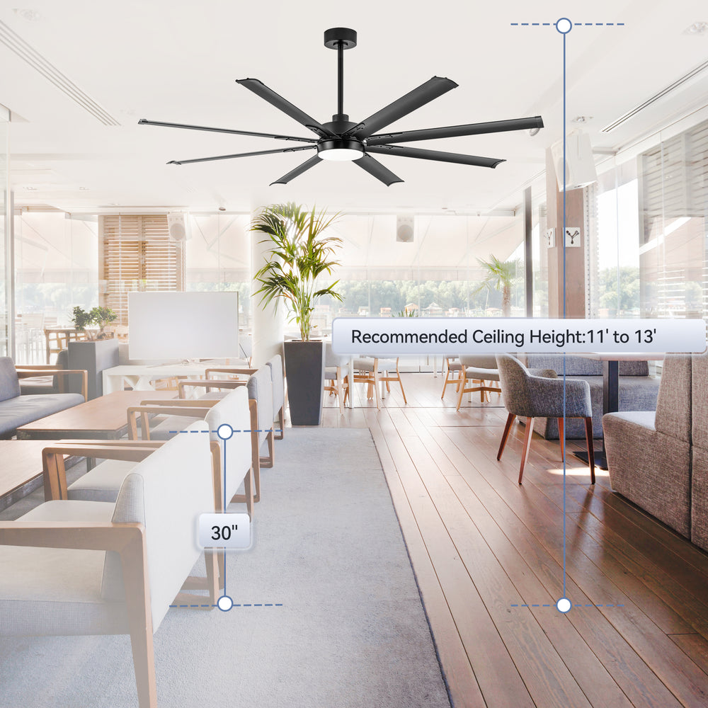 ALKAFY 72" Black Industrial Ceiling Fan with LED Light & Remote - 6-Speed Reversible DC Motor, 8 Blades for Indoor/Outdoor Use