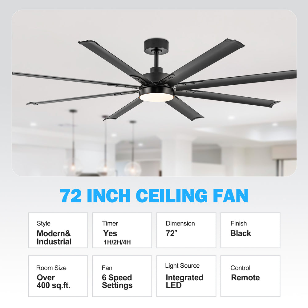 72-Inch Modern Ceiling Fan with Remote, Reversible Powerful DC Motor, 8 Aluminum Blades, 6-Speed, Dual Downrods（7“&24”）, LED Light Kit with 3 Color Temps(3000K/4500K/6000K), Black/Gold Black/White/Gold White Finish for Large Room