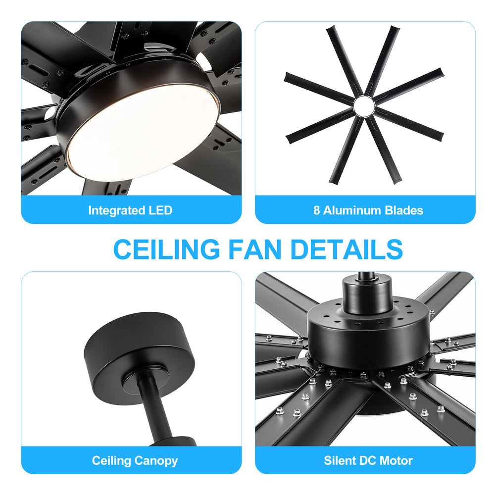72-Inch Modern Ceiling Fan with Remote, Reversible Powerful DC Motor, 8 Aluminum Blades, 6-Speed, Dual Downrods（7“&24”）, LED Light Kit with 3 Color Temps(3000K/4500K/6000K), Black/Gold Black/White/Gold White Finish for Large Room