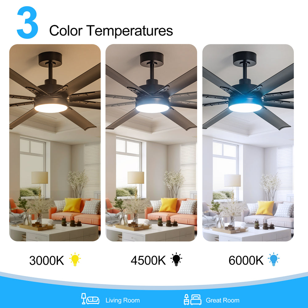 72-Inch Modern Ceiling Fan with Remote, Reversible Powerful DC Motor, 8 Aluminum Blades, 6-Speed, Dual Downrods（7“&24”）, LED Light Kit with 3 Color Temps(3000K/4500K/6000K), Black/Gold Black/White/Gold White Finish for Large Room