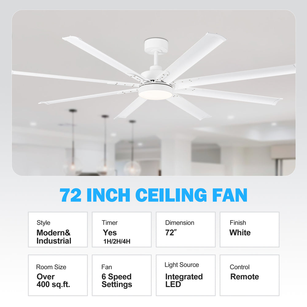 72-Inch Modern Ceiling Fan with Remote, Reversible Powerful DC Motor, 8 Aluminum Blades, 6-Speed, Dual Downrods（7“&24”）, LED Light Kit with 3 Color Temps(3000K/4500K/6000K), Black/Gold Black/White/Gold White Finish for Large Room