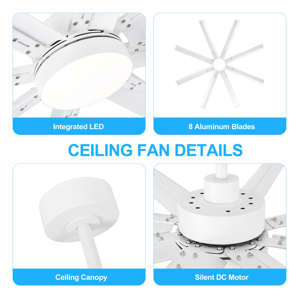 72-Inch Modern Ceiling Fan with Remote, Reversible Powerful DC Motor, 8 Aluminum Blades, 6-Speed, Dual Downrods（7“&24”）, LED Light Kit with 3 Color Temps(3000K/4500K/6000K), Black/Gold Black/White/Gold White Finish for Large Room