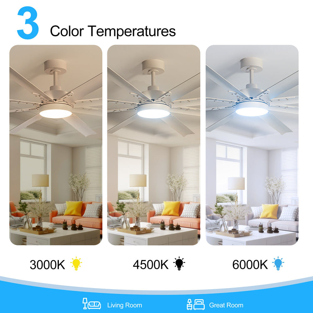 72-Inch Modern Ceiling Fan with Remote, Reversible Powerful DC Motor, 8 Aluminum Blades, 6-Speed, Dual Downrods（7“&24”）, LED Light Kit with 3 Color Temps(3000K/4500K/6000K), Black/Gold Black/White/Gold White Finish for Large Room