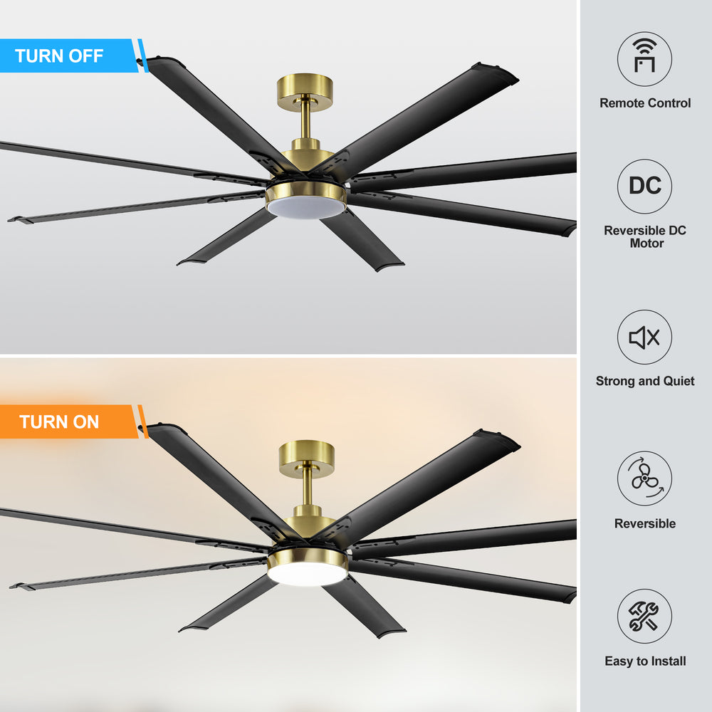 72-Inch Modern Ceiling Fan with Remote, Reversible Powerful DC Motor, 8 Aluminum Blades, 6-Speed, Dual Downrods（7“&24”）, LED Light Kit with 3 Color Temps(3000K/4500K/6000K), Black/Gold Black/White/Gold White Finish for Large Room