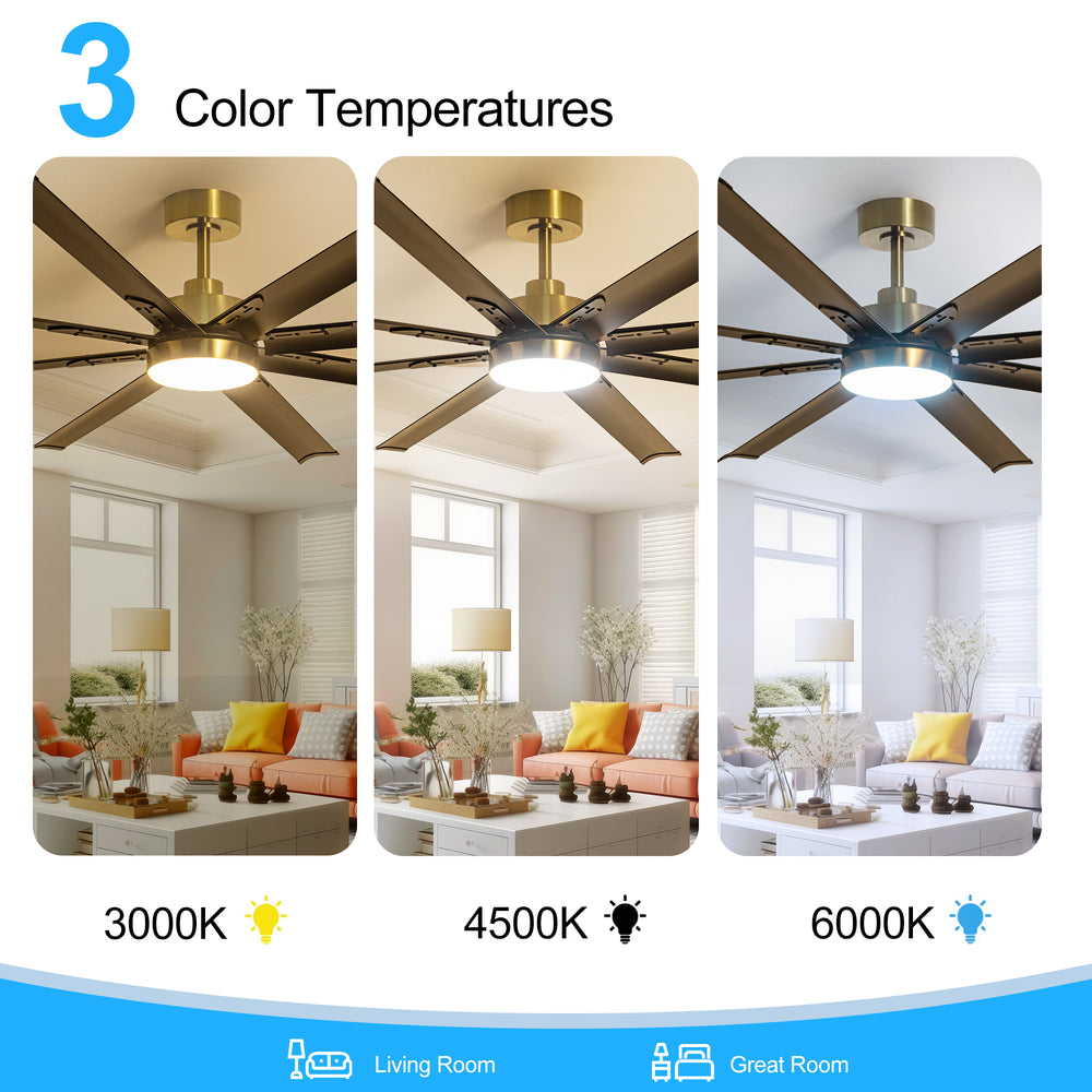 72-Inch Modern Ceiling Fan with Remote, Reversible Powerful DC Motor, 8 Aluminum Blades, 6-Speed, Dual Downrods（7“&24”）, LED Light Kit with 3 Color Temps(3000K/4500K/6000K), Black/Gold Black/White/Gold White Finish for Large Room