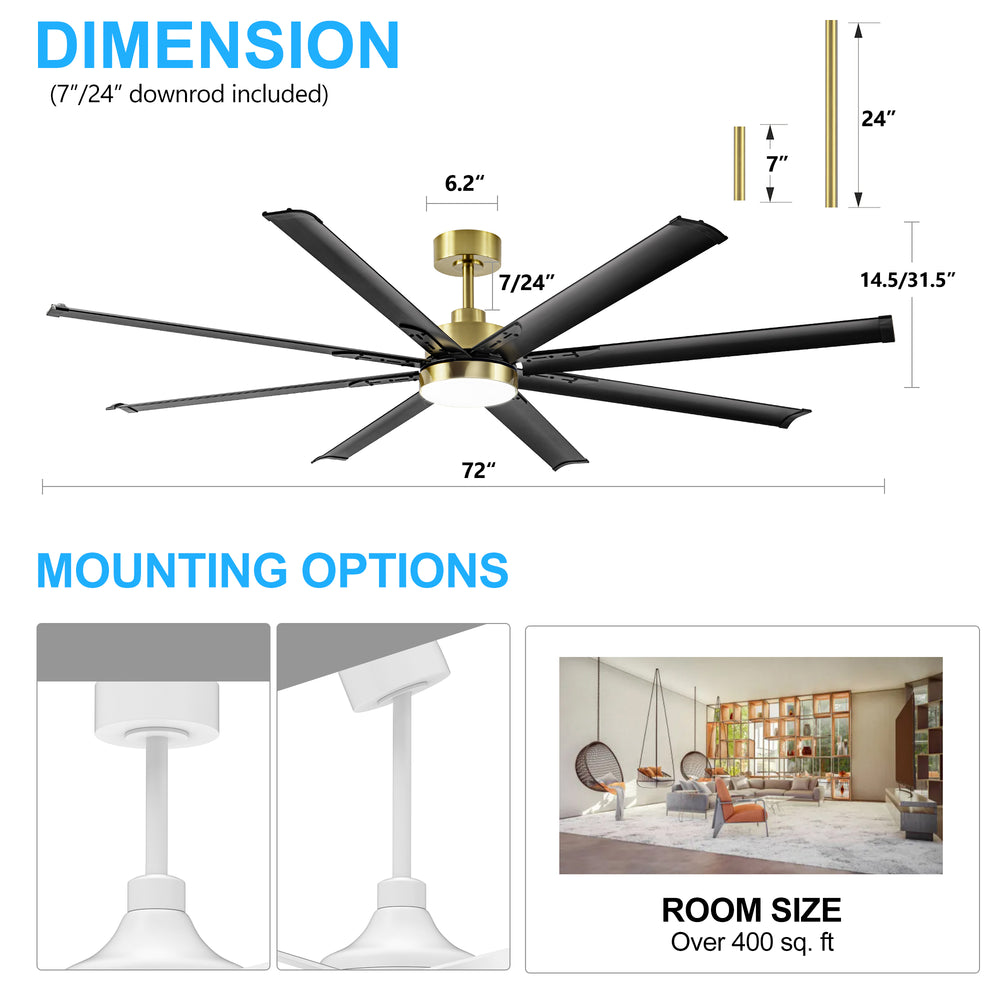 72-Inch Modern Ceiling Fan with Remote, Reversible Powerful DC Motor, 8 Aluminum Blades, 6-Speed, Dual Downrods（7“&24”）, LED Light Kit with 3 Color Temps(3000K/4500K/6000K), Black/Gold Black/White/Gold White Finish for Large Room