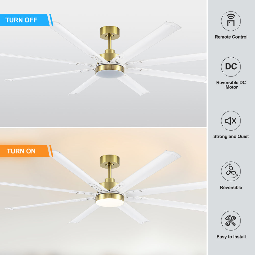 72-Inch Modern Ceiling Fan with Remote, Reversible Powerful DC Motor, 8 Aluminum Blades, 6-Speed, Dual Downrods（7“&24”）, LED Light Kit with 3 Color Temps(3000K/4500K/6000K), Black/Gold Black/White/Gold White Finish for Large Room