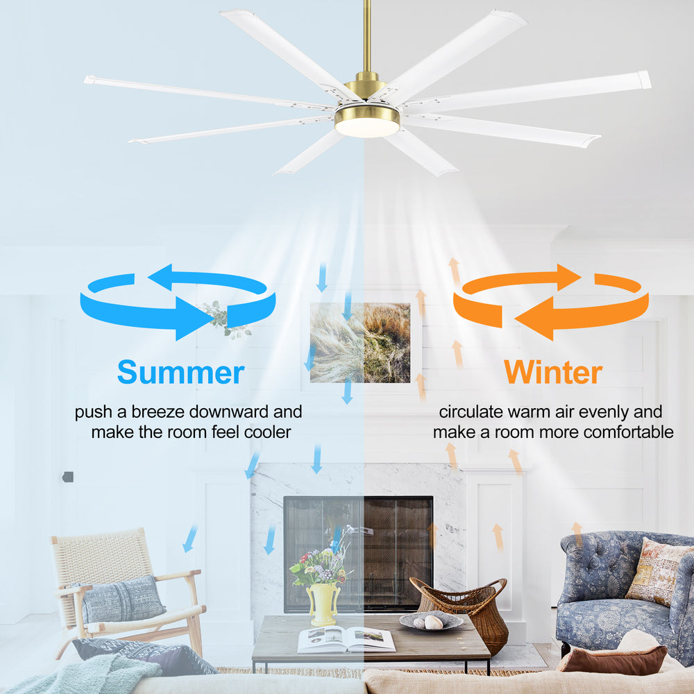 72-Inch Modern Ceiling Fan with Remote, Reversible Powerful DC Motor, 8 Aluminum Blades, 6-Speed, Dual Downrods（7“&24”）, LED Light Kit with 3 Color Temps(3000K/4500K/6000K), Black/Gold Black/White/Gold White Finish for Large Room