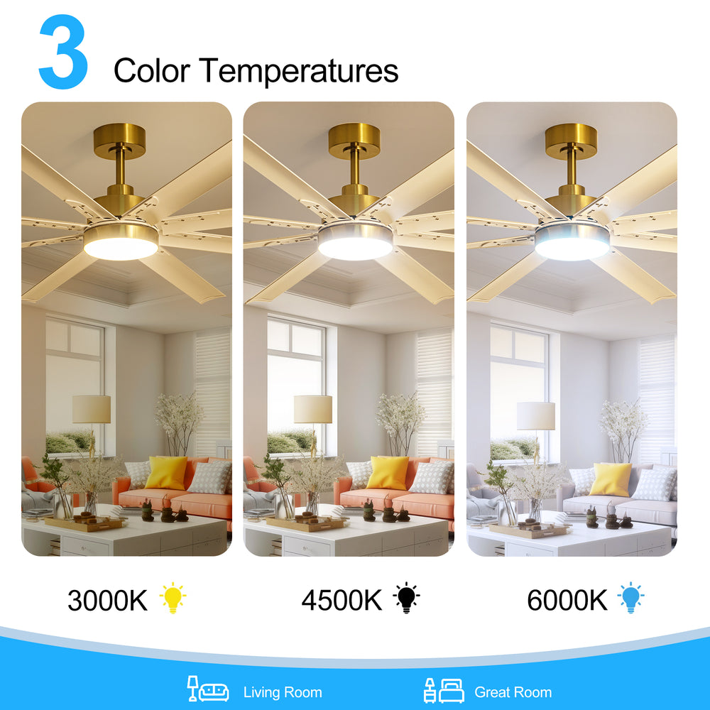 72-Inch Modern Ceiling Fan with Remote, Reversible Powerful DC Motor, 8 Aluminum Blades, 6-Speed, Dual Downrods（7“&24”）, LED Light Kit with 3 Color Temps(3000K/4500K/6000K), Black/Gold Black/White/Gold White Finish for Large Room