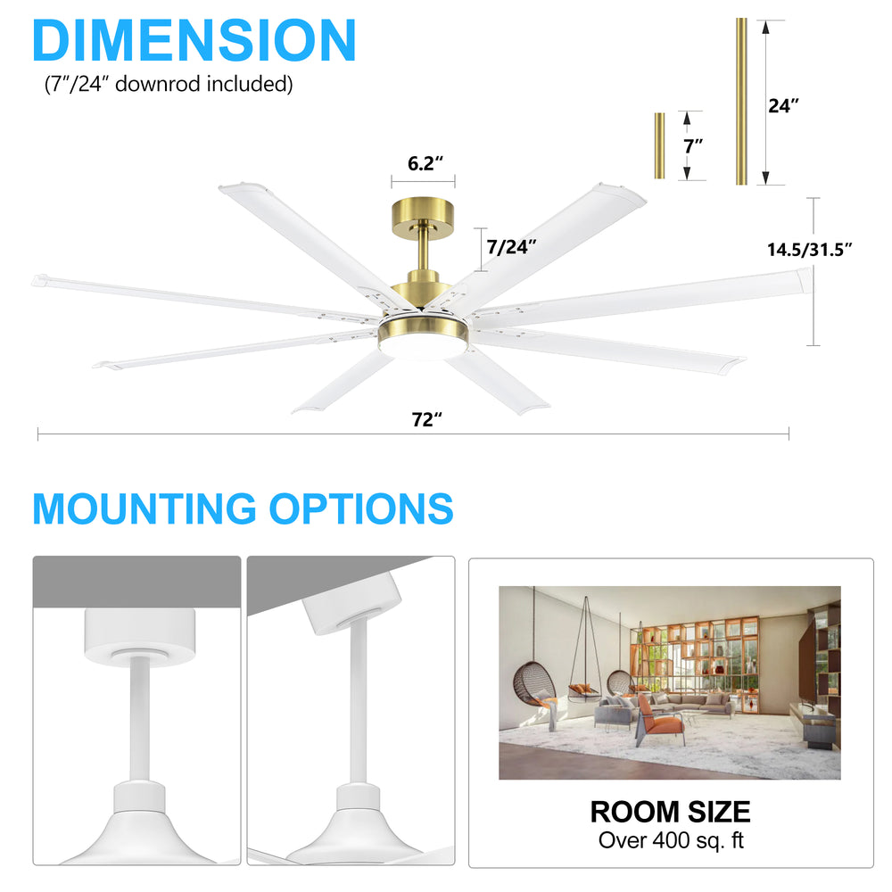 72-Inch Modern Ceiling Fan with Remote, Reversible Powerful DC Motor, 8 Aluminum Blades, 6-Speed, Dual Downrods（7“&24”）, LED Light Kit with 3 Color Temps(3000K/4500K/6000K), Black/Gold Black/White/Gold White Finish for Large Room