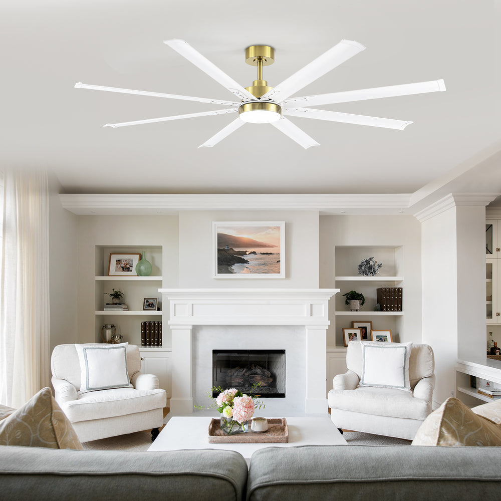 72-Inch Modern Ceiling Fan with Remote, Reversible Powerful DC Motor, 8 Aluminum Blades, 6-Speed, Dual Downrods（7“&24”）, LED Light Kit with 3 Color Temps(3000K/4500K/6000K), Black/Gold Black/White/Gold White Finish for Large Room