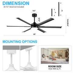 65-inch Indoor Large LED Ceiling Fan with Light Remote (6 Aluminum Blades)