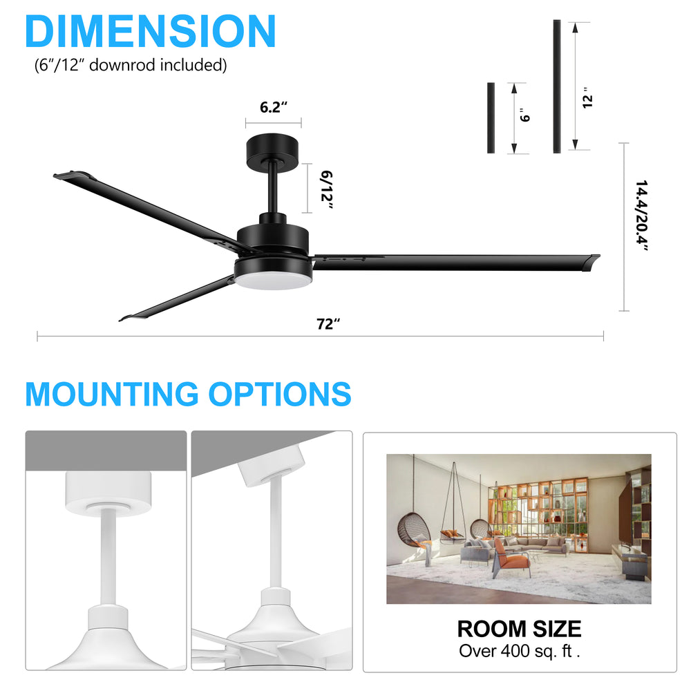 72-inch Black Ceiling Fans with Lights Remote Control,  Industrial Large Ceiling Fan, 3 Reversible Blades, 6-Speed, Quiet DC Motor, LED Ceiling Light Chandelier for Indoor/Outdoor Patio Living Room