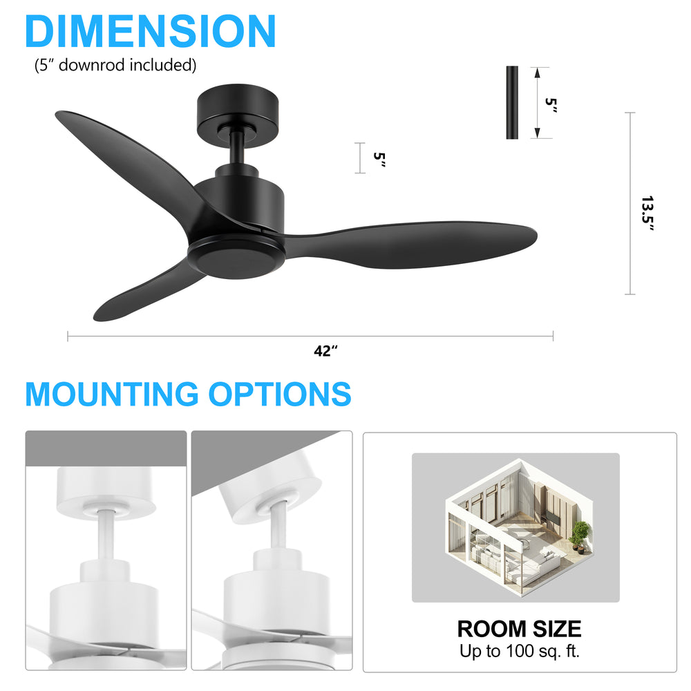 42-in Black/White Ceiling Fan Remote without Light(3-Blade)