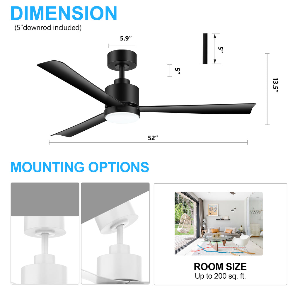 52 Inch White 3-Blade LED Ceiling Fan with Light and Remote Control