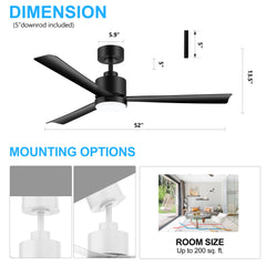 52 Inch White 3-Blade LED Ceiling Fan with Light and Remote Control