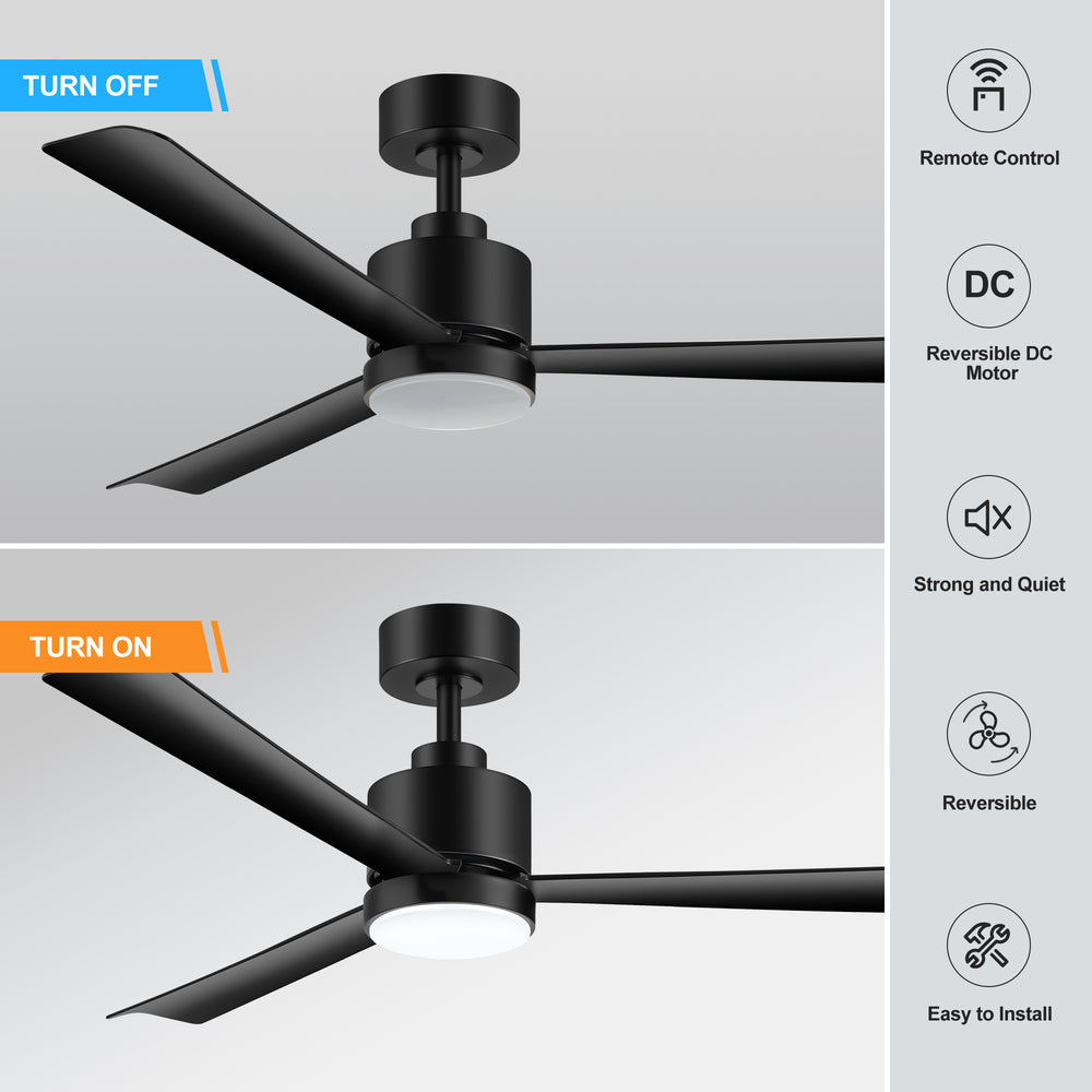 52 Inch White 3-Blade LED Ceiling Fan with Light and Remote Control