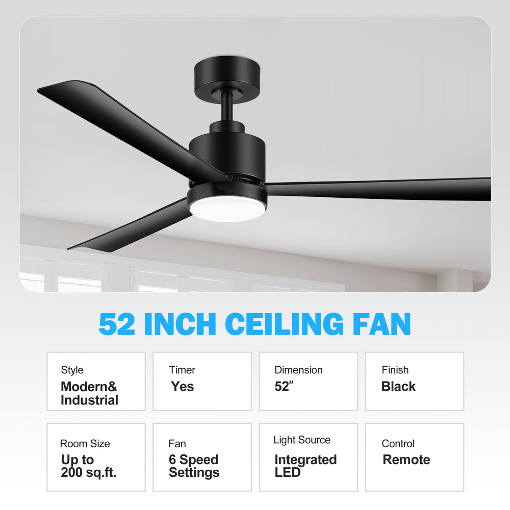 52 Inch White 3-Blade LED Ceiling Fan with Light and Remote Control