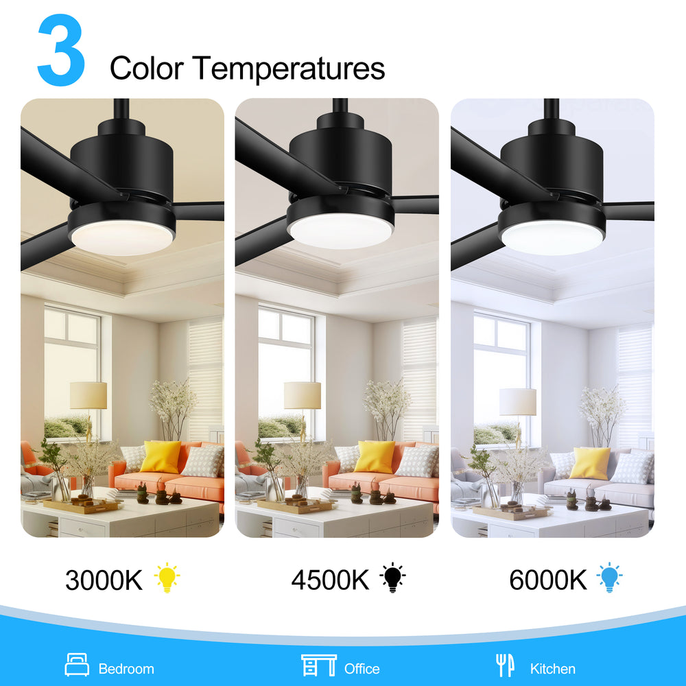 52 Inch White 3-Blade LED Ceiling Fan with Light and Remote Control