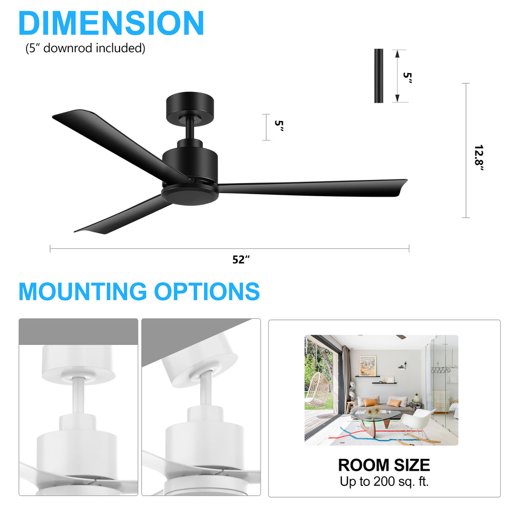 52 Inch LED  Ceiling Fan  without Light,Remote and 5"Downrod Included