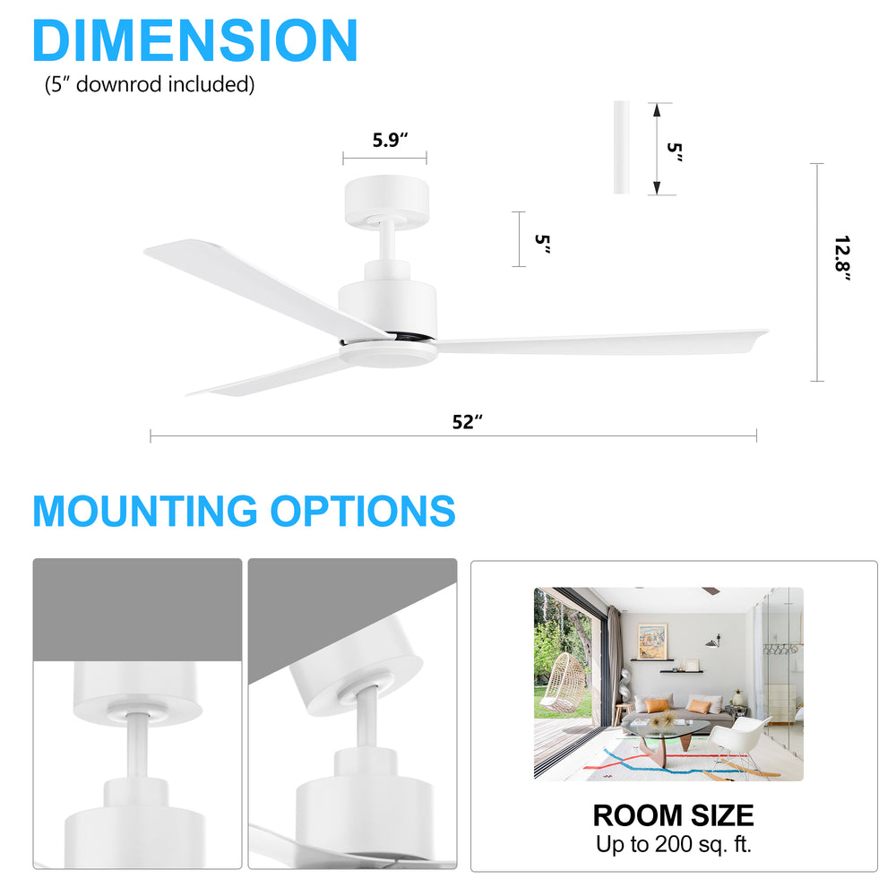 52 Inch LED  Ceiling Fan  without Light,Remote and 5"Downrod Included