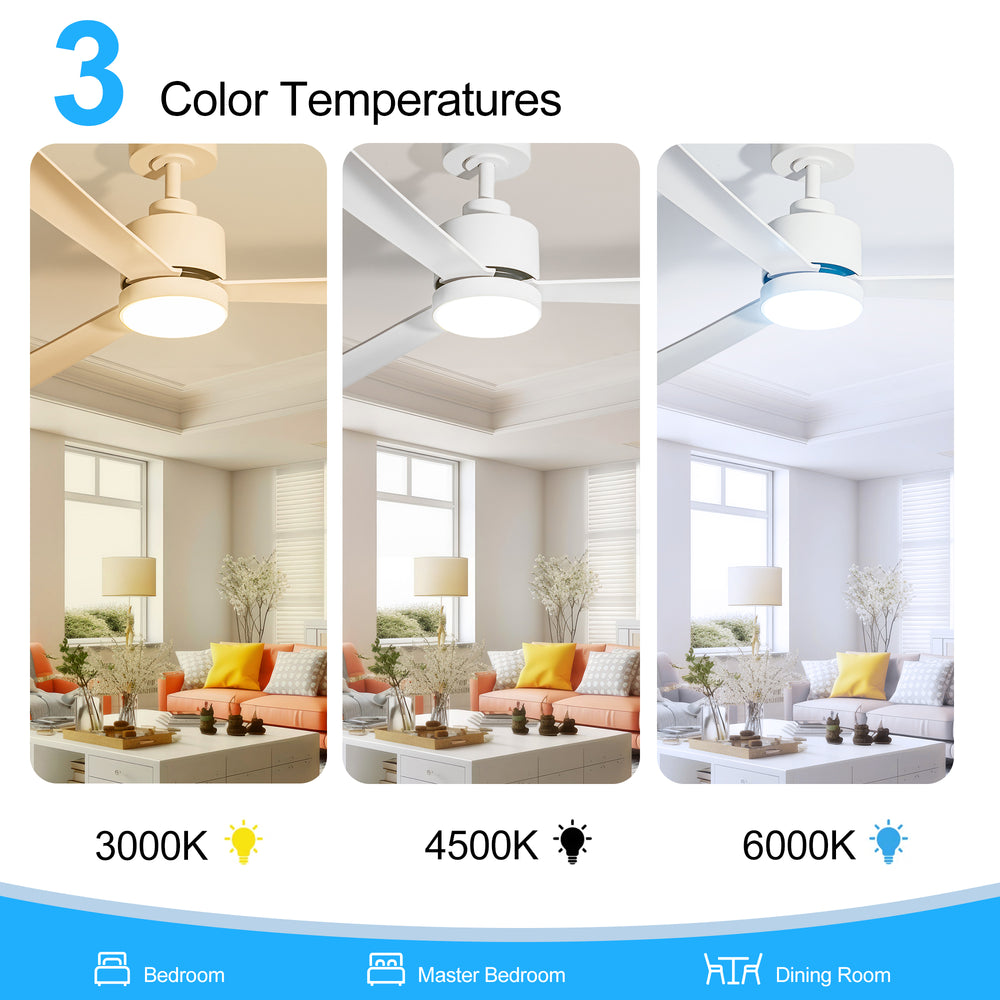 52 Inch White 3-Blade LED Ceiling Fan with Light and Remote Control